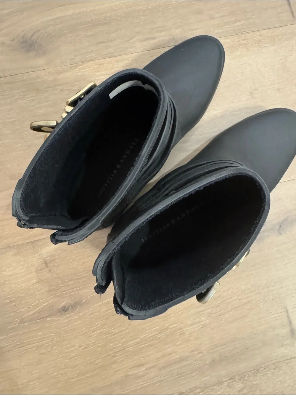 Loeffler Randall Women’s Black Ankle Boots with Gold Buckles waterproof
